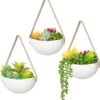 Plantenhanger Keramiek – Set Van 3 – Wit Steen- Hangpot – Hangende Bloempot Plantenpot - 3 Verschillende Koorden - 18 X 11 X 7 Cm