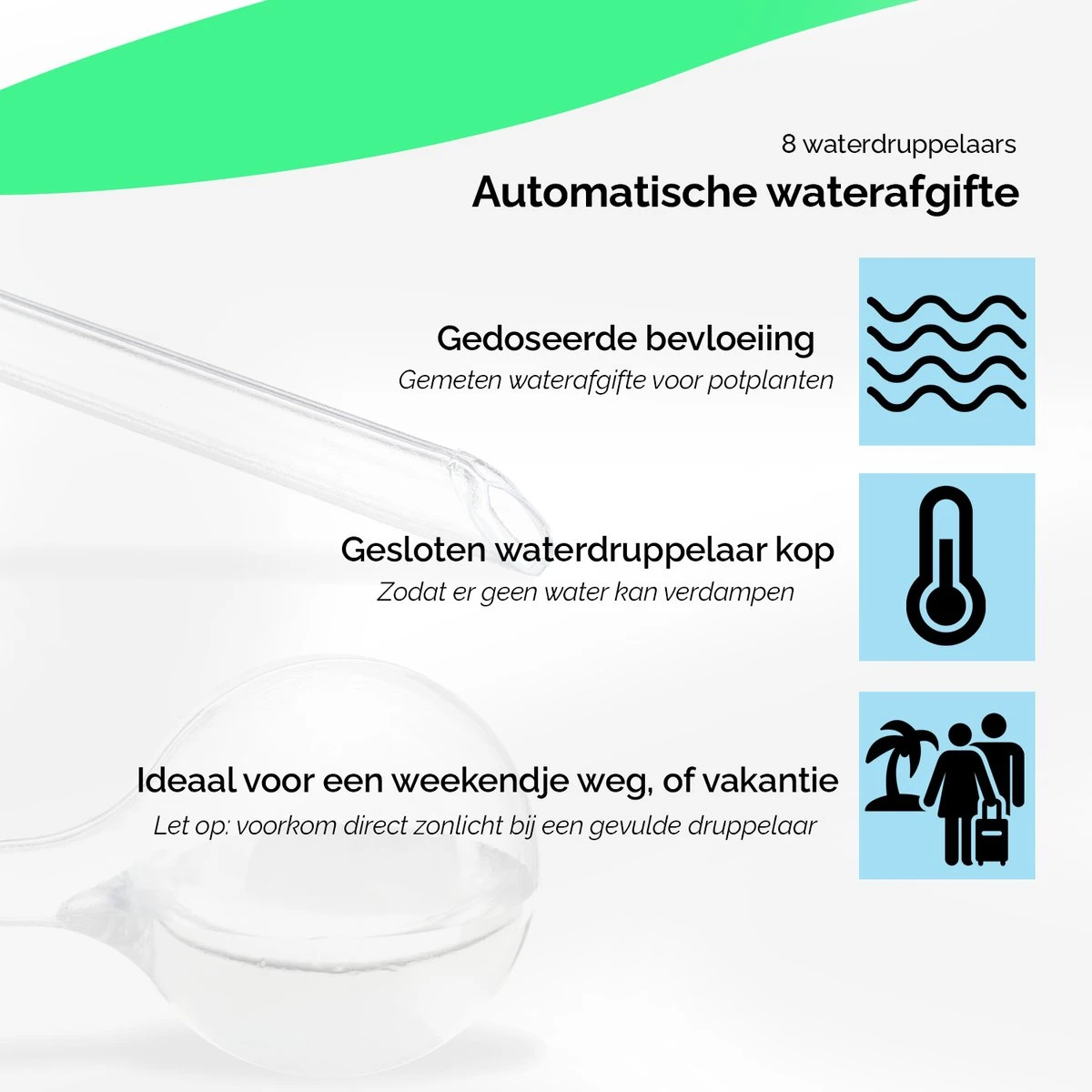 HGMD Waterdruppelaar Set Van 8 Stuks Voor Planten Transparant - Groen - Waterdruppelaar Voor Kamerplanten – Waterbol - Waterdruppelaar Voor Planten - Watergeefsysteem 5 HGMD Waterdruppelaar Set Van 8 Stuks Voor Planten Transparant - Groen - Waterdruppelaar Voor Kamerplanten – Waterbol - Waterdruppelaar Voor Planten - Watergeefsysteem - Afbeelding 3